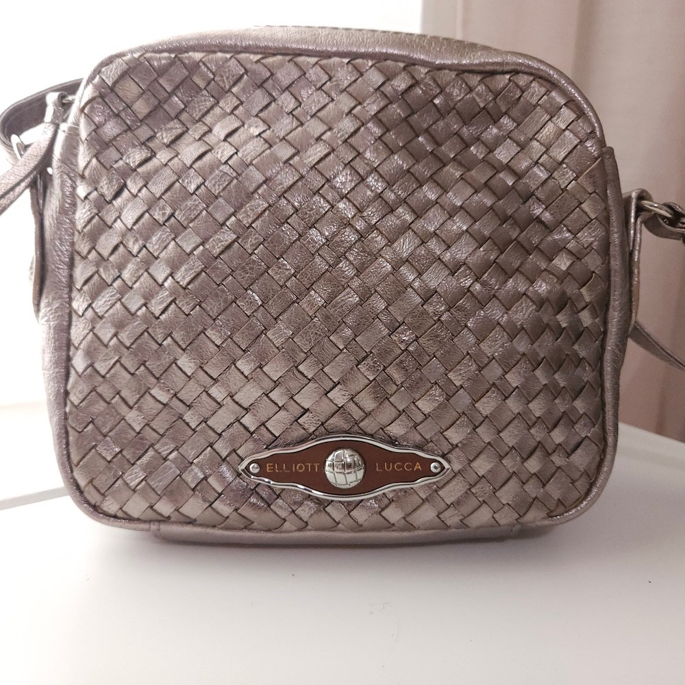Elliott Lucca Woven Metallic Leather Crossbody Bag‎ Pewter Silver Small Purse